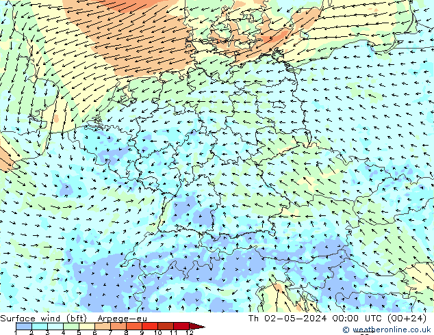 Surface wind (bft) Arpege-eu Th 02.05.2024 00 UTC