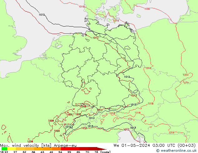 Max. wind velocity Arpege-eu mer 01.05.2024 03 UTC