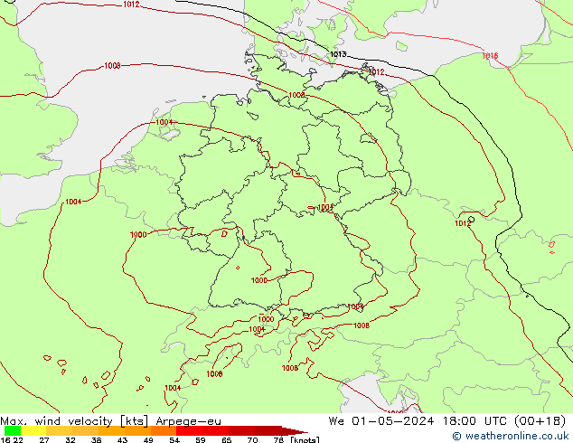 Max. wind velocity Arpege-eu We 01.05.2024 18 UTC