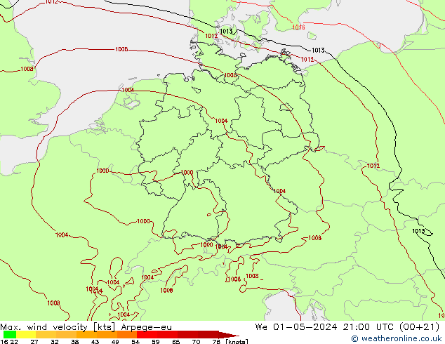 Max. wind velocity Arpege-eu mié 01.05.2024 21 UTC