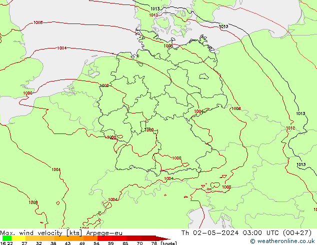 Max. wind velocity Arpege-eu Čt 02.05.2024 03 UTC