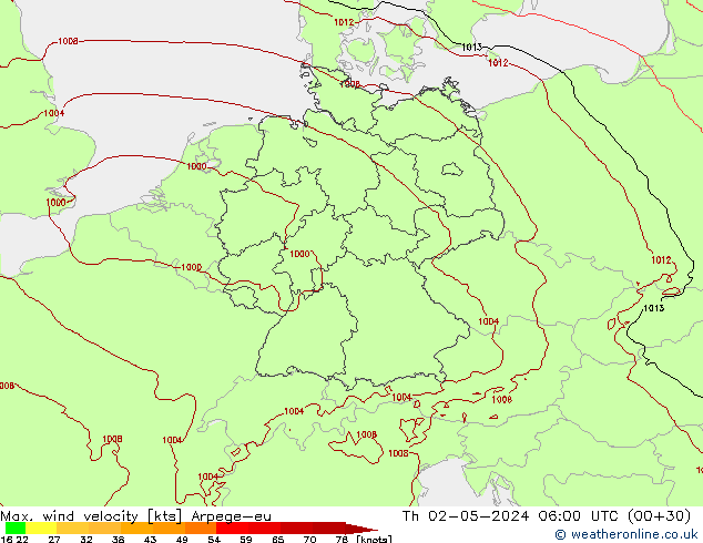 Max. wind velocity Arpege-eu jeu 02.05.2024 06 UTC