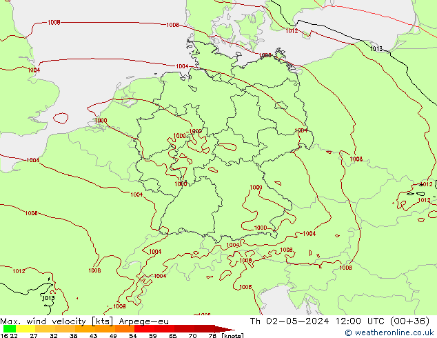 Max. wind snelheid Arpege-eu do 02.05.2024 12 UTC