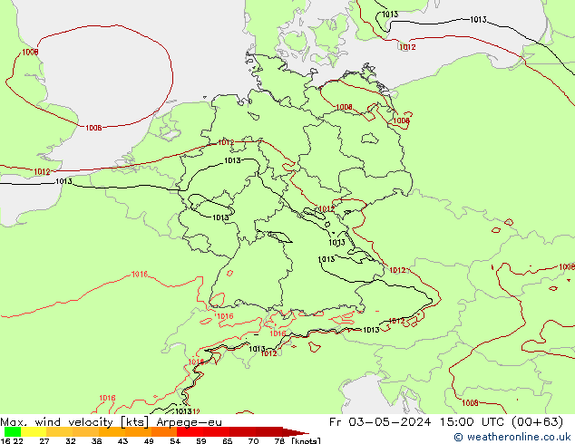 Max. wind snelheid Arpege-eu vr 03.05.2024 15 UTC