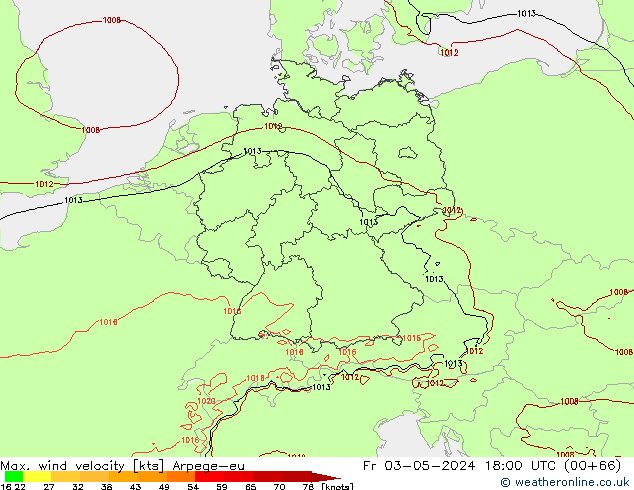 Max. wind velocity Arpege-eu Fr 03.05.2024 18 UTC