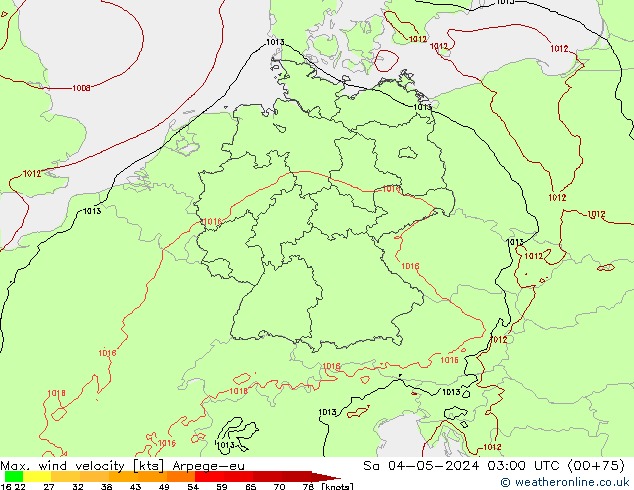 Max. wind velocity Arpege-eu Sa 04.05.2024 03 UTC