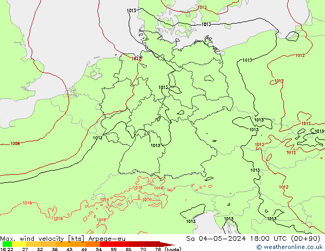 Max. wind velocity Arpege-eu Sa 04.05.2024 18 UTC