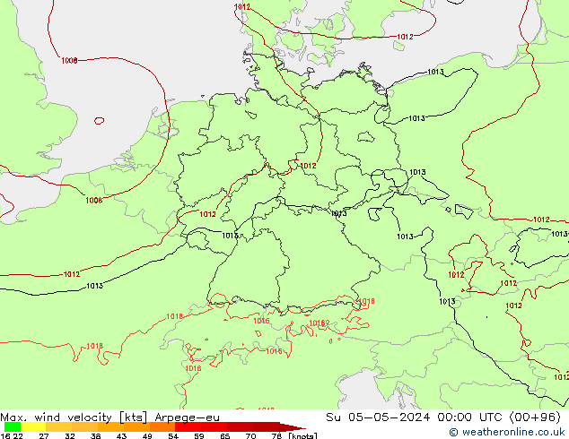 Max. wind velocity Arpege-eu Su 05.05.2024 00 UTC