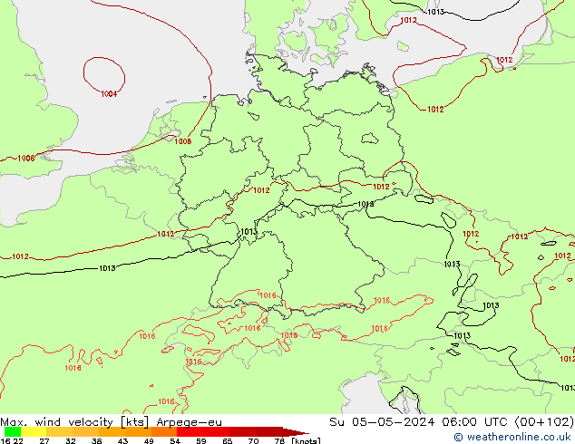 Max. wind velocity Arpege-eu dom 05.05.2024 06 UTC