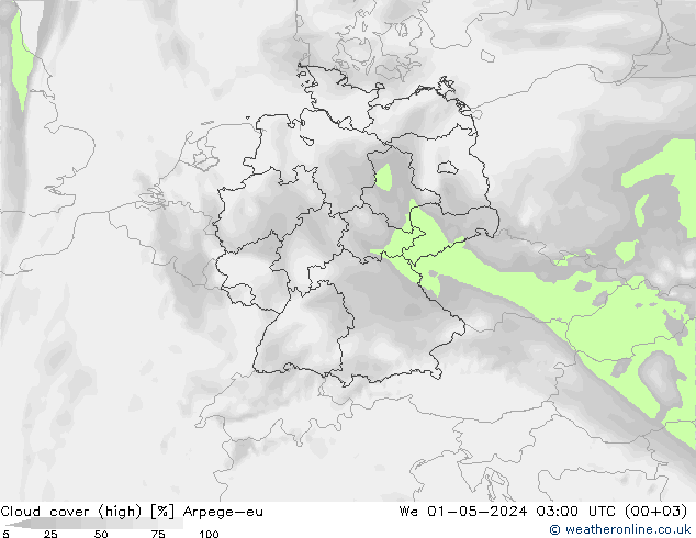 Cloud cover (high) Arpege-eu We 01.05.2024 03 UTC