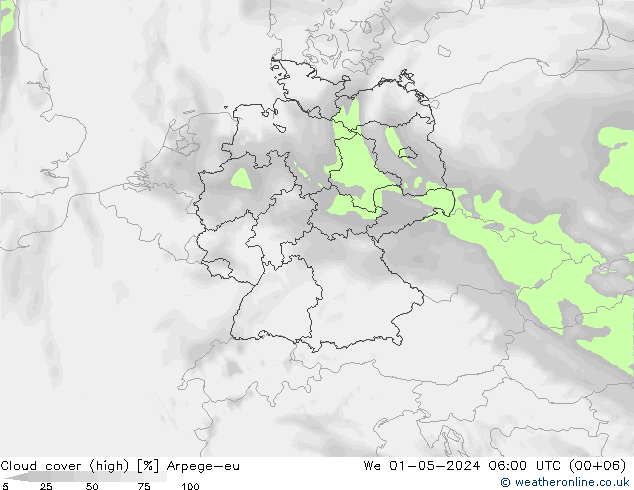 Cloud cover (high) Arpege-eu We 01.05.2024 06 UTC