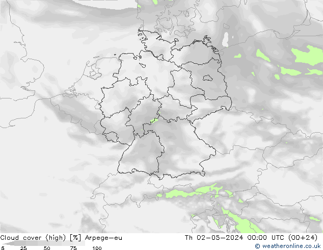 Cloud cover (high) Arpege-eu Th 02.05.2024 00 UTC