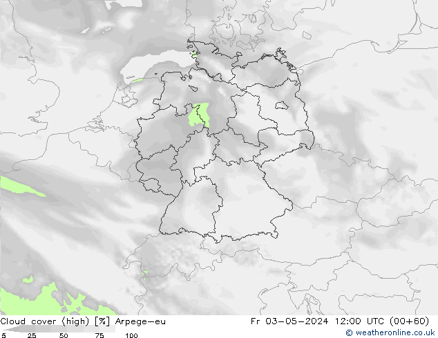 Cloud cover (high) Arpege-eu Fr 03.05.2024 12 UTC