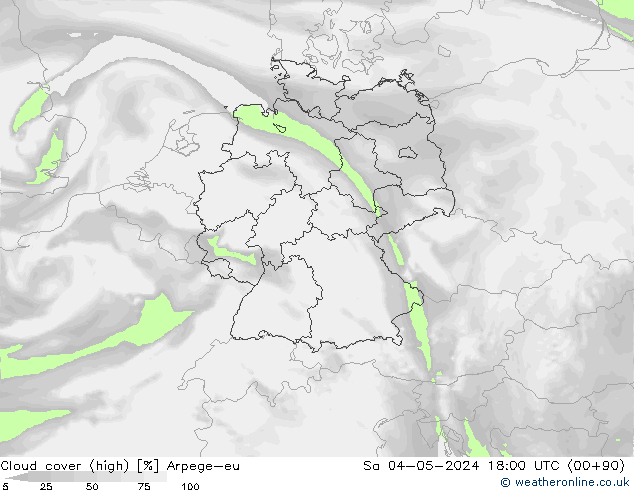 Cloud cover (high) Arpege-eu Sa 04.05.2024 18 UTC