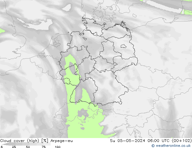 Cloud cover (high) Arpege-eu Su 05.05.2024 06 UTC