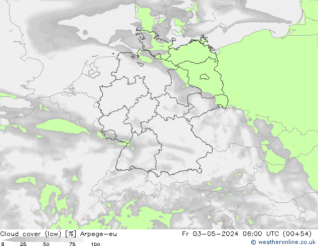 Bewolking (Laag) Arpege-eu vr 03.05.2024 06 UTC