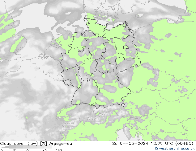 Cloud cover (low) Arpege-eu Sa 04.05.2024 18 UTC