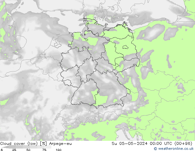 Cloud cover (low) Arpege-eu Su 05.05.2024 00 UTC