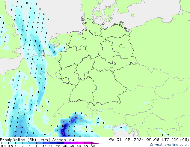 Precipitazione (6h) Arpege-eu mer 01.05.2024 06 UTC