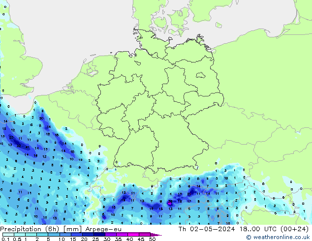 осадки (6h) Arpege-eu чт 02.05.2024 00 UTC