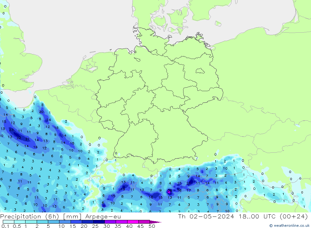 Precipitation (6h) Arpege-eu Th 02.05.2024 00 UTC