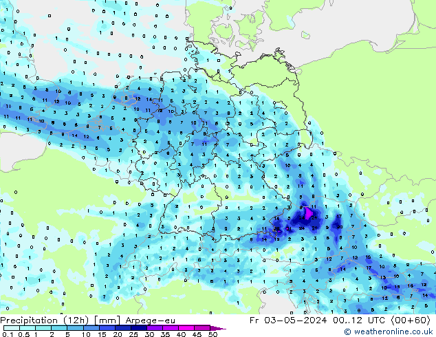 Precipitación (12h) Arpege-eu vie 03.05.2024 12 UTC
