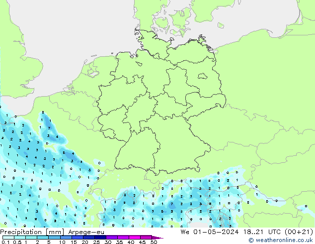 Precipitazione Arpege-eu mer 01.05.2024 21 UTC