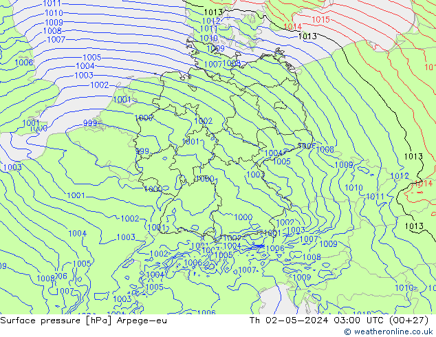 Atmosférický tlak Arpege-eu Čt 02.05.2024 03 UTC