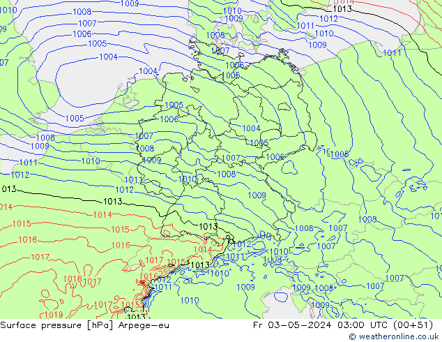 Presión superficial Arpege-eu vie 03.05.2024 03 UTC