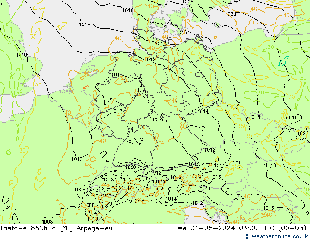 Theta-e 850hPa Arpege-eu We 01.05.2024 03 UTC