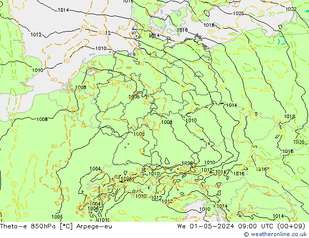 Theta-e 850hPa Arpege-eu St 01.05.2024 09 UTC