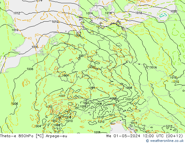 Theta-e 850гПа Arpege-eu ср 01.05.2024 12 UTC