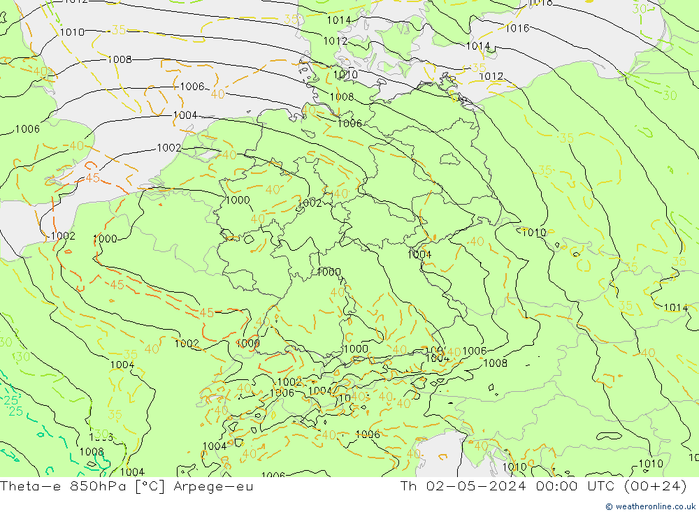 Theta-e 850hPa Arpege-eu Th 02.05.2024 00 UTC