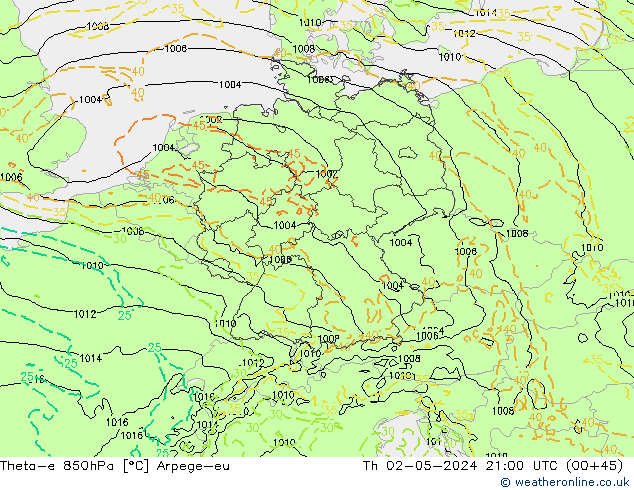 Theta-e 850hPa Arpege-eu Čt 02.05.2024 21 UTC