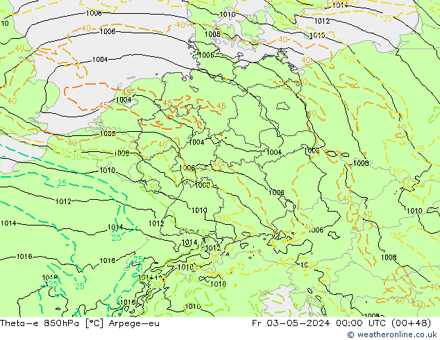 Theta-e 850hPa Arpege-eu ven 03.05.2024 00 UTC