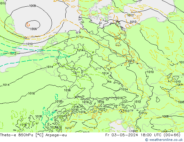 Theta-e 850hPa Arpege-eu Fr 03.05.2024 18 UTC