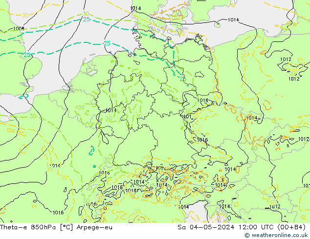 Theta-e 850hPa Arpege-eu Sa 04.05.2024 12 UTC