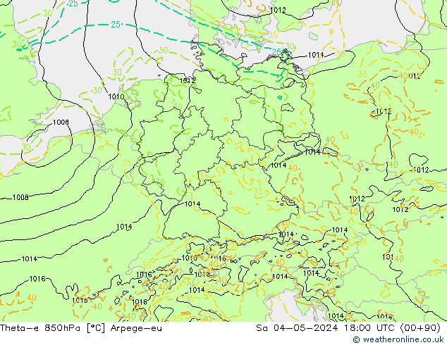 Theta-e 850гПа Arpege-eu сб 04.05.2024 18 UTC