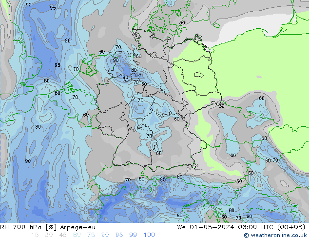 Humidité rel. 700 hPa Arpege-eu mer 01.05.2024 06 UTC