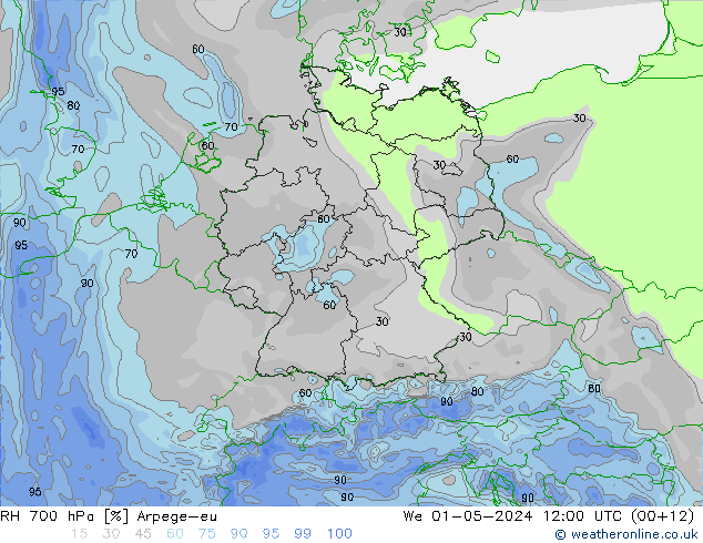 RH 700 hPa Arpege-eu We 01.05.2024 12 UTC