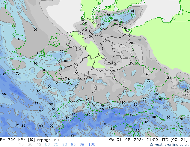 Humedad rel. 700hPa Arpege-eu mié 01.05.2024 21 UTC