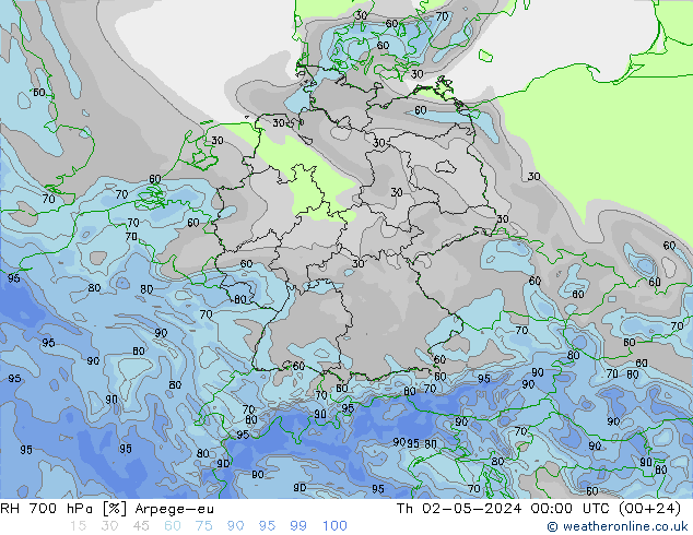 RH 700 hPa Arpege-eu gio 02.05.2024 00 UTC