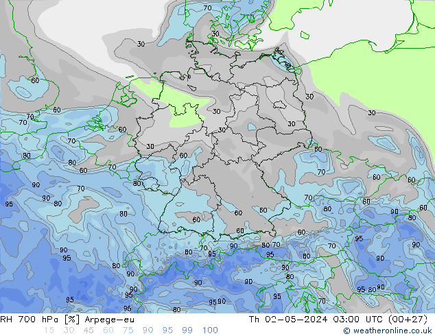 Humidité rel. 700 hPa Arpege-eu jeu 02.05.2024 03 UTC