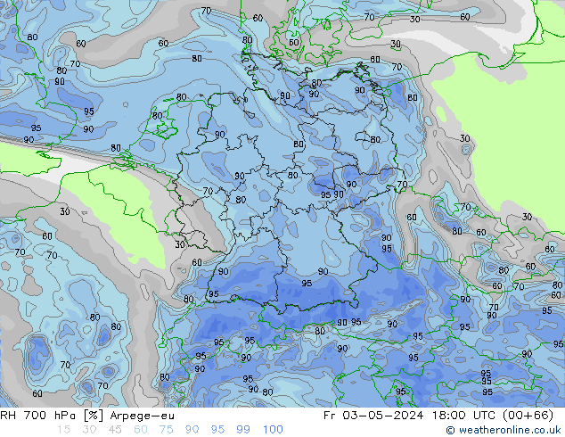 RH 700 hPa Arpege-eu ven 03.05.2024 18 UTC