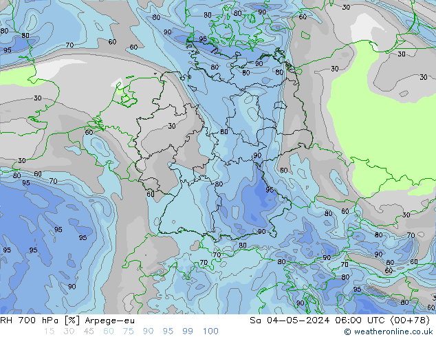 RH 700 гПа Arpege-eu сб 04.05.2024 06 UTC