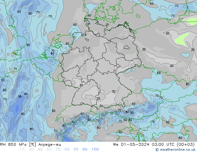 RH 850 hPa Arpege-eu St 01.05.2024 03 UTC