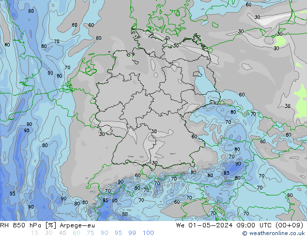 RH 850 hPa Arpege-eu We 01.05.2024 09 UTC