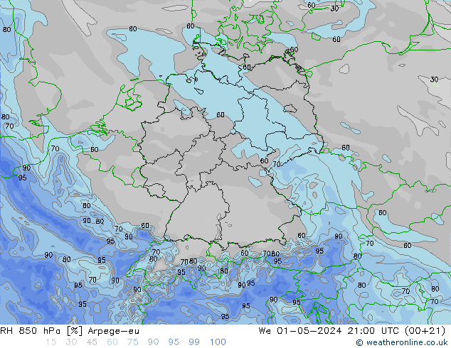 RH 850 гПа Arpege-eu ср 01.05.2024 21 UTC