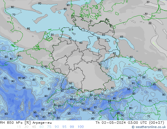 RH 850 hPa Arpege-eu Th 02.05.2024 03 UTC