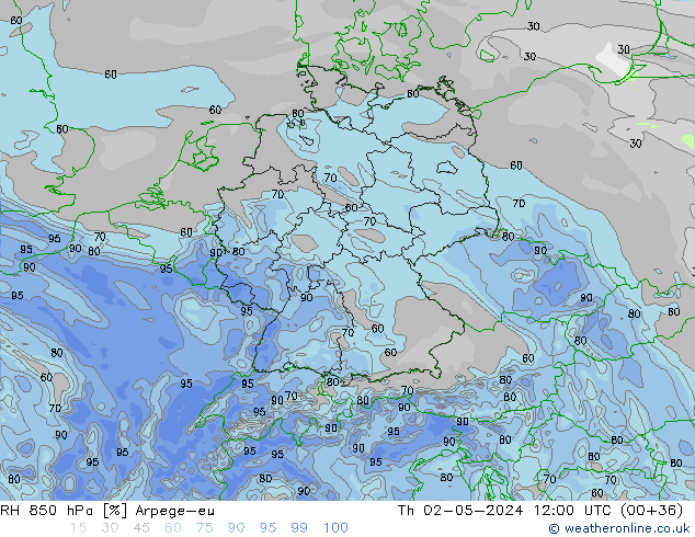 Humedad rel. 850hPa Arpege-eu jue 02.05.2024 12 UTC